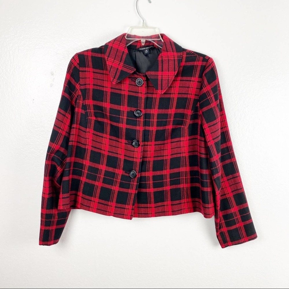 BRIGGS NEW YORK Black Red Plaid Wool Blend Buttoned Blazer Jacket Size 12 Career
